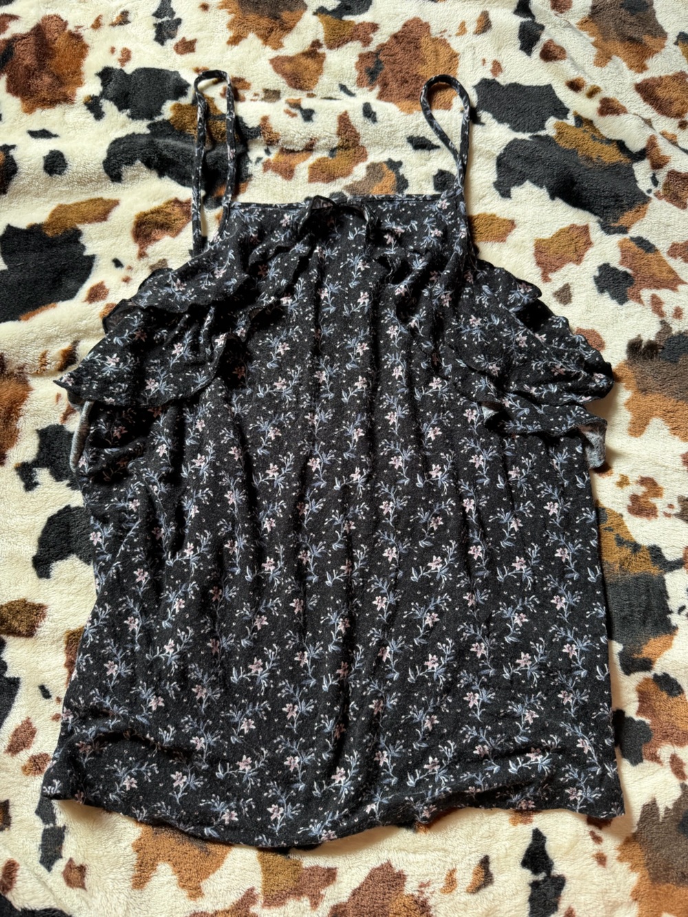 American Eagle Outfitters Black Floral Ruffle Spaghetti Strap Tank Top